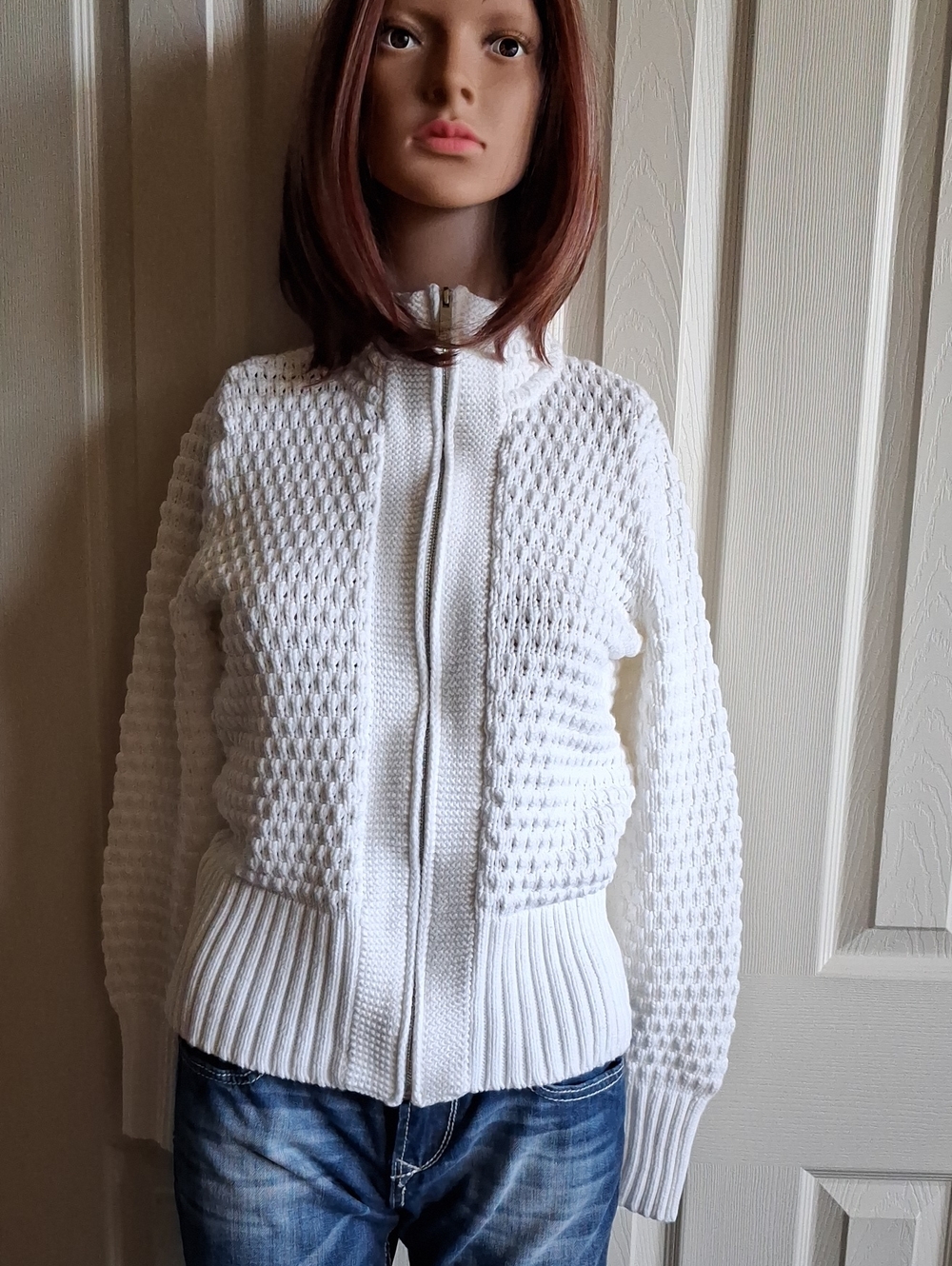 Jones New York White Textured Zip-Front Cardigan Sweater